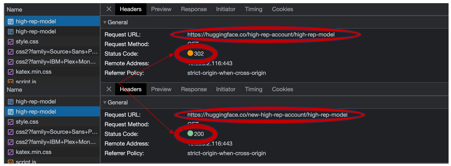 An HTTP redirect showing a vulnerable model