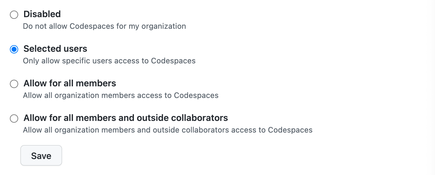 codespaces configuration settingsn to limite user access